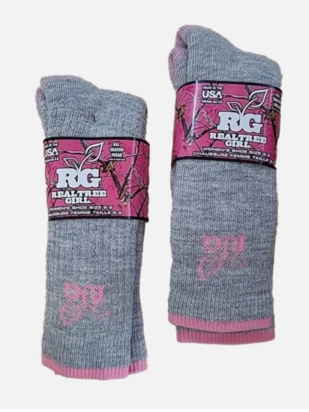 Realtree Girl Wool Blend Socks Gray Pink Med 9-11 All Season Made In The USA